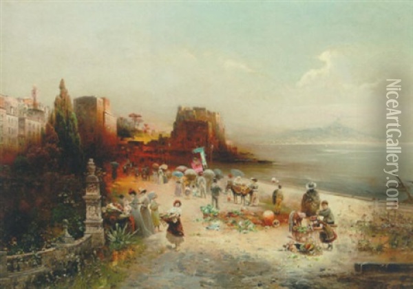 Folkeliv Pa Stranden Ved Neapel, Med Vesuvs Silhouet Oil Painting - Robert Allot