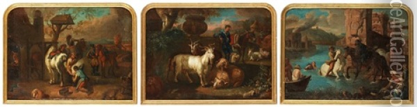 Pastorala Landskap Med Figurer Och Djur (3 Works) Oil Painting - Johann Heinrich Roos