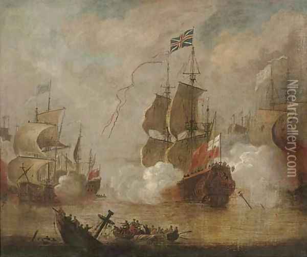 An English flagship in action during the Third Anglo-Dutch War, 1672-74 Oil Painting - Peter Monamy
