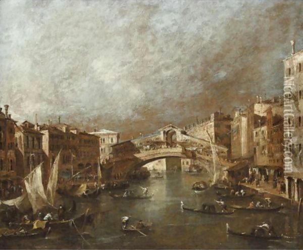 Venice, A View Of The Grand Canal With The Riva Del Vin And The Rialto Bridge Oil Painting - Francesco Guardi