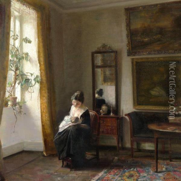 Mother And Child At The Window In The Living Room Oil Painting - Carl Vilhelm Holsoe