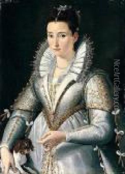 Lady Wearing A White And Gold Embroidered Dress Standing With Her Dog Oil Painting - Santi Di Tito