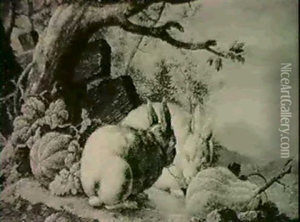 Rabbits In A Landscape With Gourds Oil Painting - Philipp Ferdinand de Hamilton