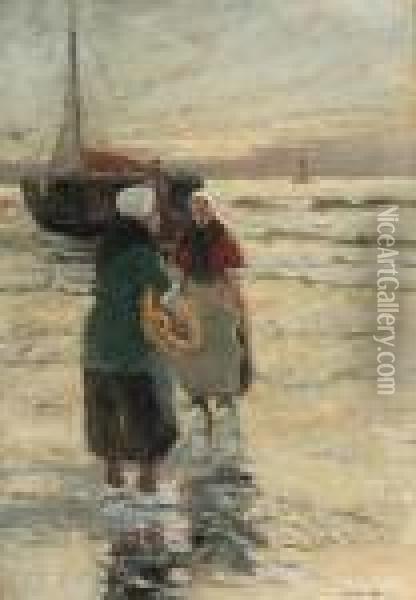 Fisherwomen Near A Bomschuit On The Beach Oil Painting - Gerhard Arij Ludwig Morgenstje Munthe
