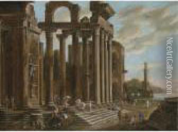 An Architectural Capriccio With Figures Amongst Classical Ruins, A Lighthouse Beyond Oil Painting - Viviano Codazzi