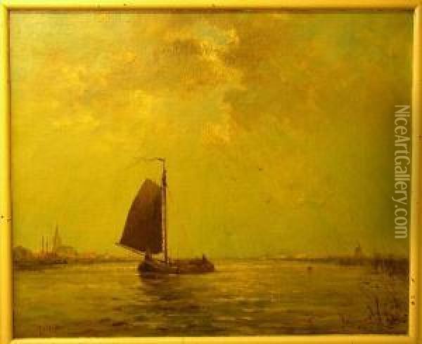 Dutch Sailing Barge By A Town, Signed 'j V D Linde' Oil Painting - Jan Van Der Linde
