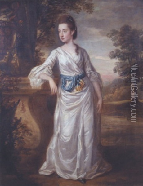 Portrait Of Miss Harvey Standing In A Landscape Wearing A White Silk Dress Tied Loosely At The Waist With A Blue Sash Oil Painting - Hugh Barron