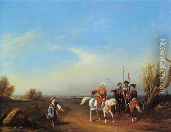 Cavaliers Rencontrant Une Paysanne Oil Painting - Noel Dieudonne Finart