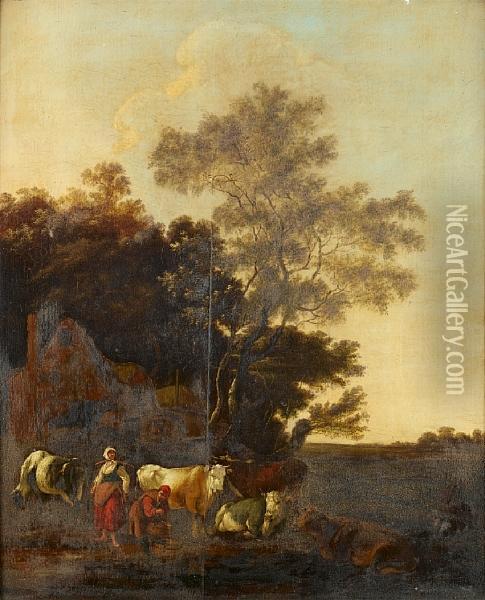A Milkmaid And A Shepherd Milking Their Herd Before An Open Landscape Oil Painting - Adam Colonia
