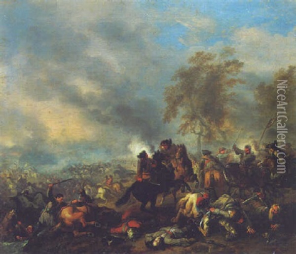 A Cavalry Engagement Near A Town Oil Painting - Jan van Huchtenburg