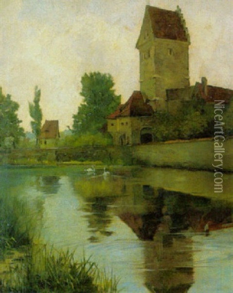 Schwane Auf Einem Teich (im Dachauer Land?) Oil Painting - Robert Frank-Krauss
