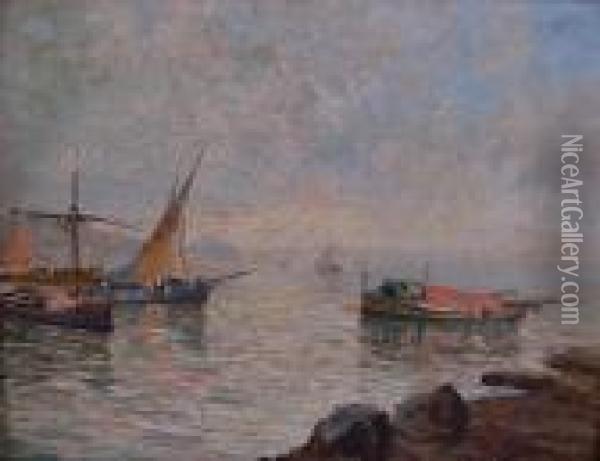 Marina Con Barche, Sullo Sfondo Il Golfo Di Napoli Oil Painting - Attilio Pratella