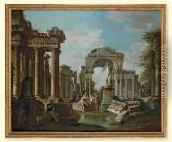 A Capriccio Of Roman Ruins With Villagers And A Statue Of Apollo Oil Painting - Giovanni Niccolo Servandoni