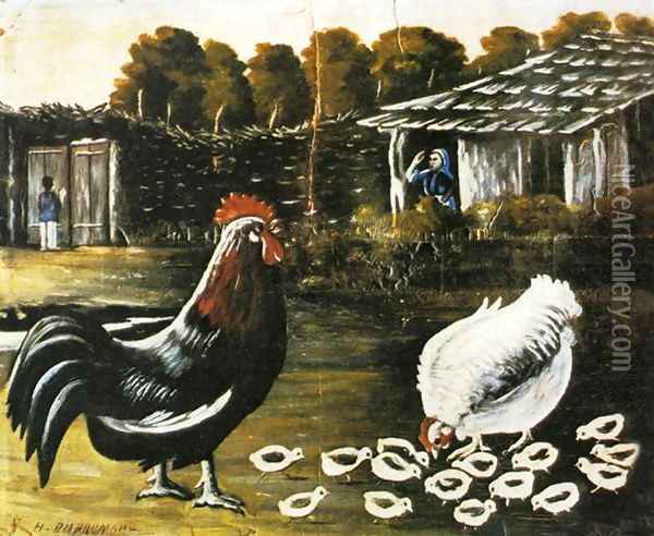Rooster and Hen with Chickens Oil Painting - Niko Pirosmanashvili