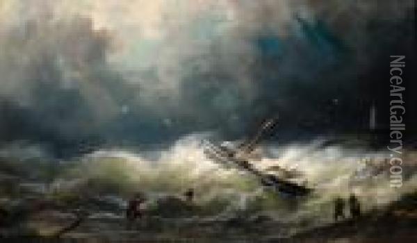 Shipwreck On Stormyshore Oil Painting - Nicolaas Riegen