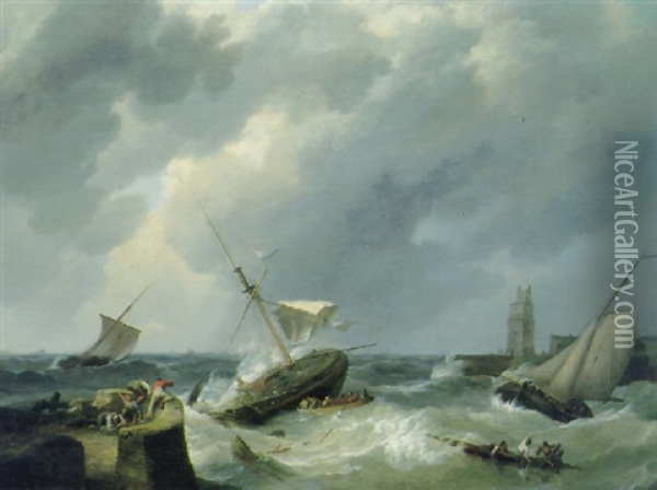 Dutch Barges Caught In A Squall Oil Painting - Johannes Hermanus Koekkoek