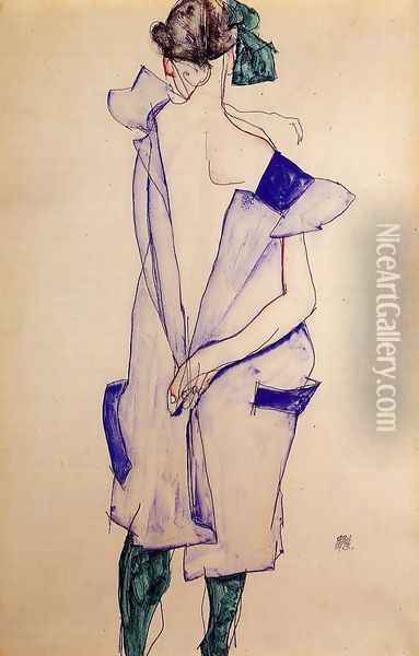 Standing Girl In A Blue Dress And Green Stockings Back View Oil Painting - Egon Schiele