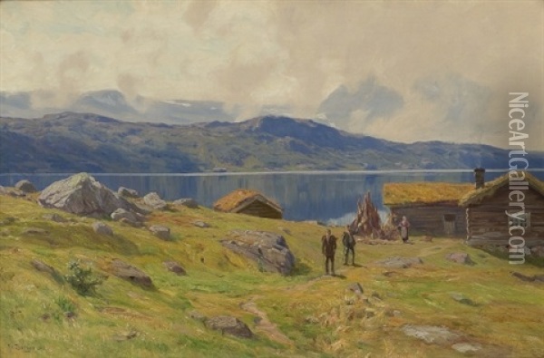 Setervoll Ved Innsjo Med Folkeliv Oil Painting - Hans Frederik Henriksen Borgen