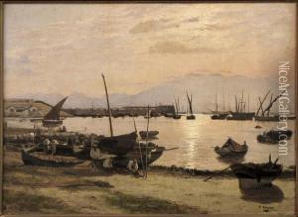 John Shore Fishing Boats In Harbor Oil Painting - William Frederick Mayor