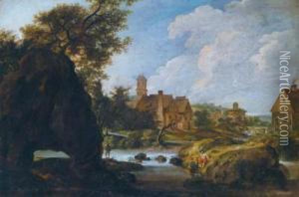 Paesaggio Meridionale Con Un Villaggio Lungo Un Fiumicello Oil Painting - Johann Christian Brand