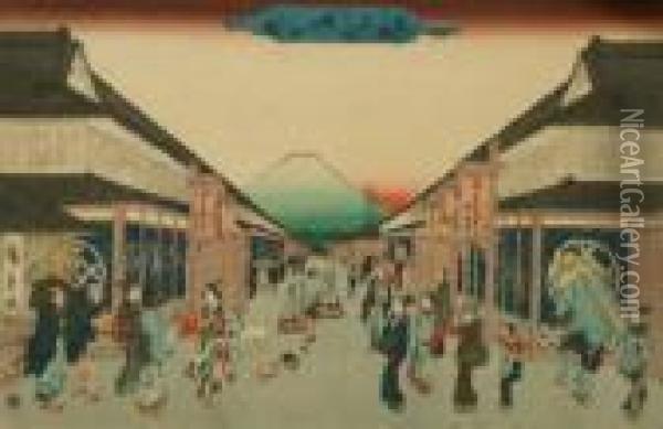 Street Scene; Woodblock Printed In Colours Oil Painting - Utagawa or Ando Hiroshige