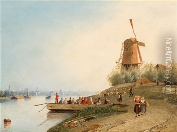 River Landscape With Ferry In The Surroundings Of Wijk Bij Duurstede Oil Painting - Joseph Bles