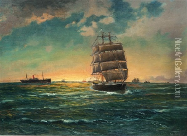 Ships In Sunset Oil Painting - Carl Wilhelm Hugo Schnars-Alquist