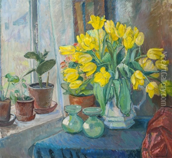 Still Life With Yellow Tulips In A Jug Oil Painting - Oluf Wold-Torne