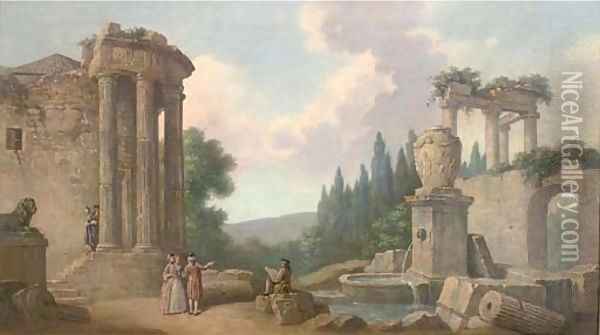 A capriccio of classical ruins with elegant figures Oil Painting - Pierre-Antoine Demachy