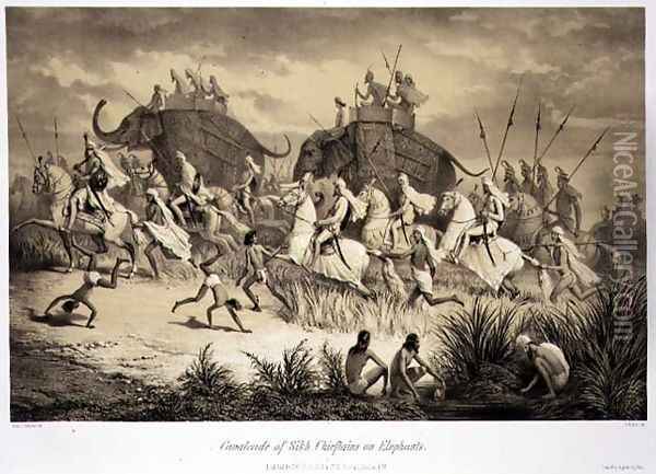 Cavalcade of Sikh Chieftains on Elephants, from 'Voyage in India', engraved by Louis Henri de Rudder 1807-81 pub. in London, 1858 Oil Painting - A. Soltykoff