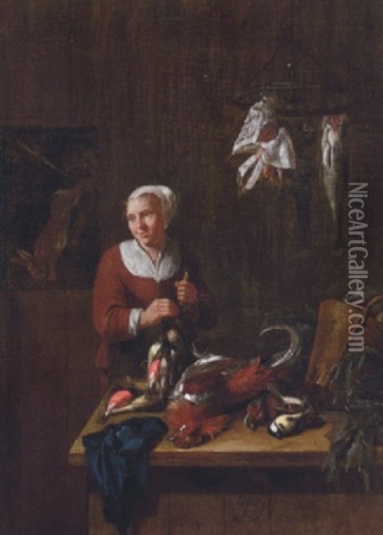 A Woman In A Kitchen Interior With A Dead Cockerel, Song Birds, Fish And A Hare Oil Painting - Jean Baptiste Nollekens