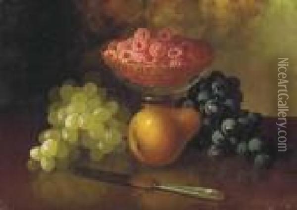 Still Life With Raspberries, Grapes And Pear Oil Painting - Carducius Plantagenet Ream