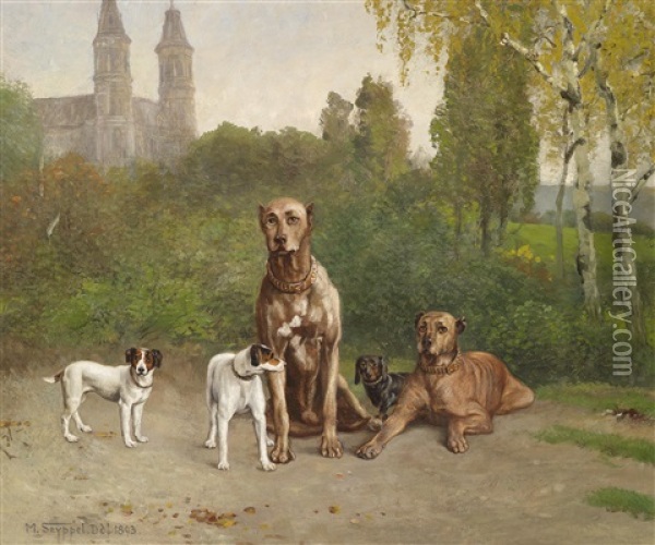 Jack Russel, Dackel Und Doggen Friedlich Vereint Oil Painting - Carl Maria Seyppel