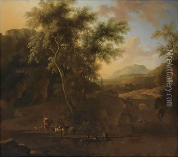 An Italianate Wooded River Landscape With Shepherds And Their Herd Of Goats In The Foreground Oil Painting - Frederick De Moucheron