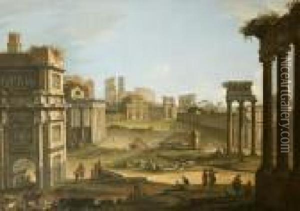 Il Campo Vaccino A Roma Visto Dal Tempio Di Saturno Oil Painting - Antonio Joli