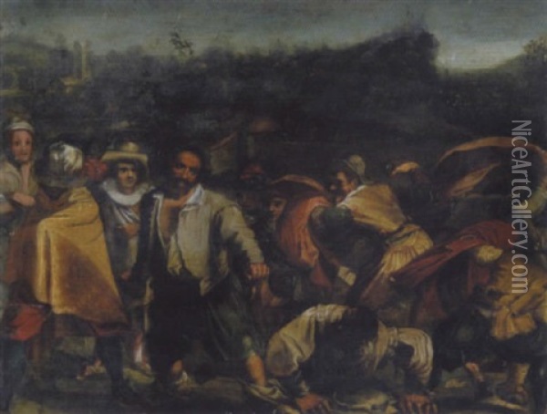 Schlagerei (ermordung Des Bildhauers Brutto Buono), Im Hintergrund Die Villa Mattei Zu Rom Oil Painting - Francisco Villamena