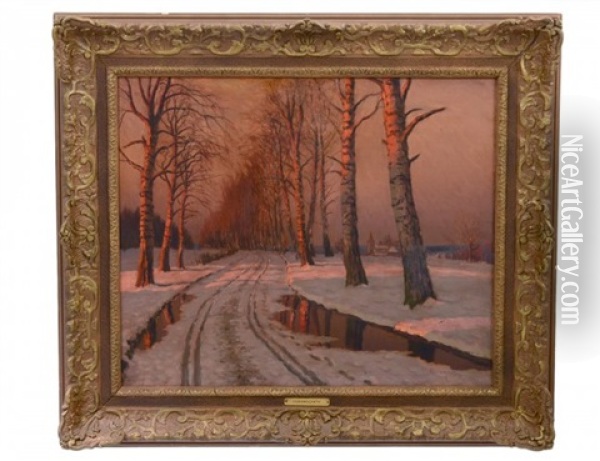 Winter Sunset Landscape Oil Painting - Mikhail Markianovich Germanshev
