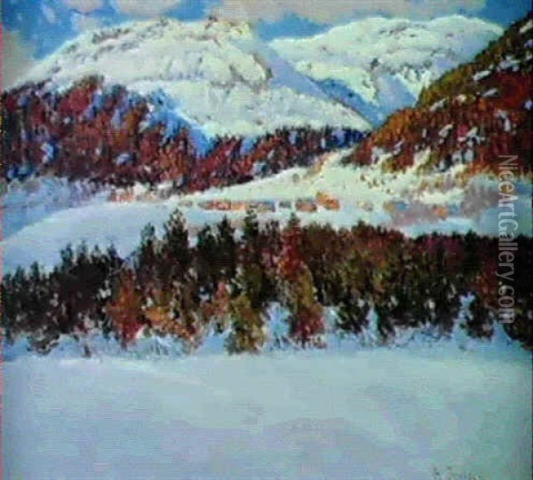 Vinterlandskab, I Baggrunden Huse Og Bjerge Oil Painting - Anton Genberg