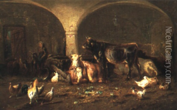 Magd Bei Den Tieren Im Stall Oil Painting - Louis (Ludwig) Reinhardt