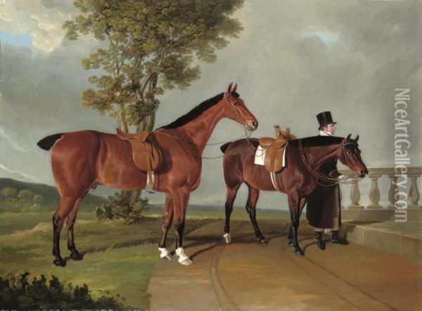 Favourite Hunters, The Property 
Of Lawrence Parsons, 2nd Earl Ofrosse (1758-1841), At Doncaster, 
Yorkshire Oil Painting - John Frederick Herring Snr