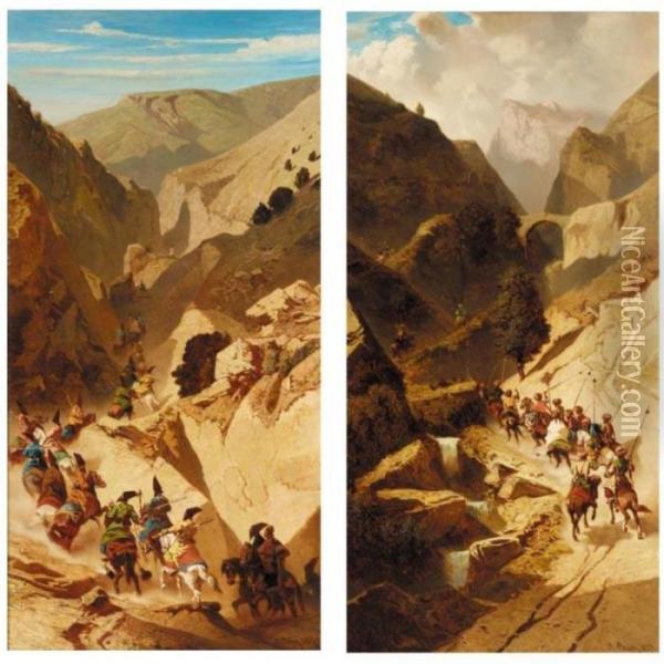 A Pair Of Paintings: Persian Horsemen In The Shiraz Mountains Oil Painting - Alberto Pasini