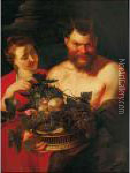 Satiro Con Una Cesta Di Frutta Autunnale E 
Una Contadina Oil Painting - Peter Paul Rubens