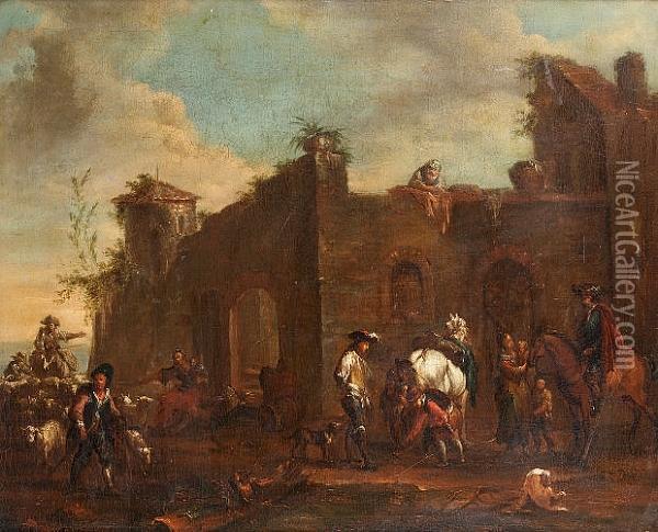 A Farrier And Horsemen At A Country Inn Oil Painting - August Querfurt