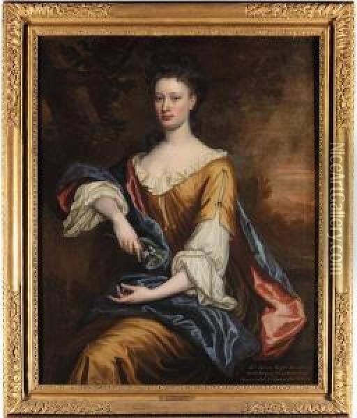 Portrait Of Helen Hope, Countess Of Haddington,three-quarter-length, Seated, In A Dark Yellow Dress, With A Redlined Blue Wrap, Holding A Sprig Of Blossom In A Right Hand, In Awooded Landscape Oil Painting - John Medina