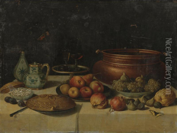 Still Life Of Fruit, A Pie, A Large Copper Pot, A Blue And White Porcelain Pitcher And Vase And Other Objects, All On A Table Oil Painting - Pseudo Simons