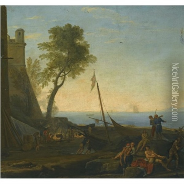 A Coastal Scene By A Harbour With A Boat And Figures In The Foreground Oil Painting - Adrien Manglard