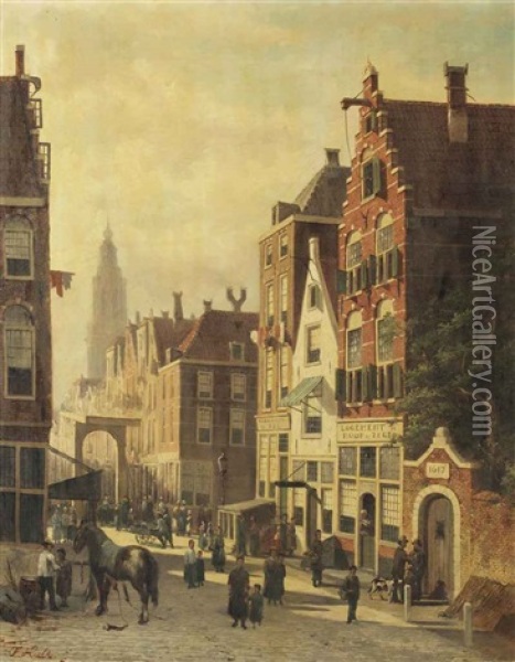 A Busy Sunlit Street With A View Of The Martinitoren, Groningen Oil Painting - John Frederik Hulk the Younger