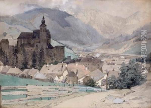 Dorf Mit Burg In Alpenlandschaft Oil Painting - Franz Kopallik