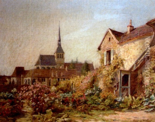 Jardin Fleuri Dans Un Village Avec Une Eglise A L'arriere Plan Oil Painting - Eugene Auguste Francois Deully