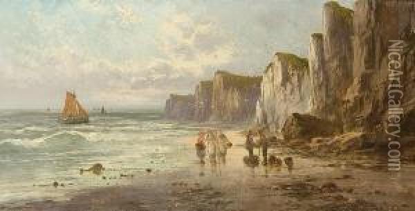Figures And Boats In A Coastal Landscape Oil Painting - Sidney Yates Johnson